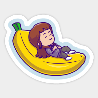 Cute Girl Sleeping On Bananas Cartoon Sticker